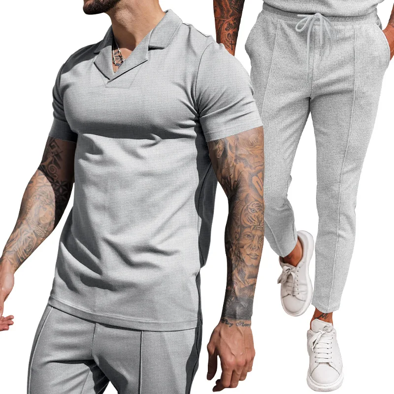 2024 Foreign Trade Summer New Waffle V-neck Casual Polo Collar Men's Short Sleeved Long Pants Set Men's Clothing 5