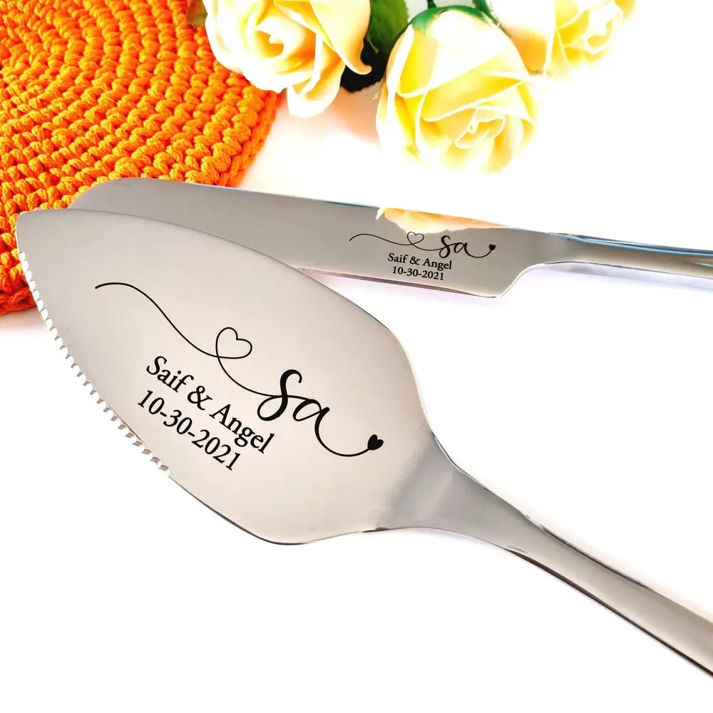 Personalized Wedding Cake and Knife Server Set With Forks Wedding Cake Decorattion Custom Monogram Laser Name Multiple Colors