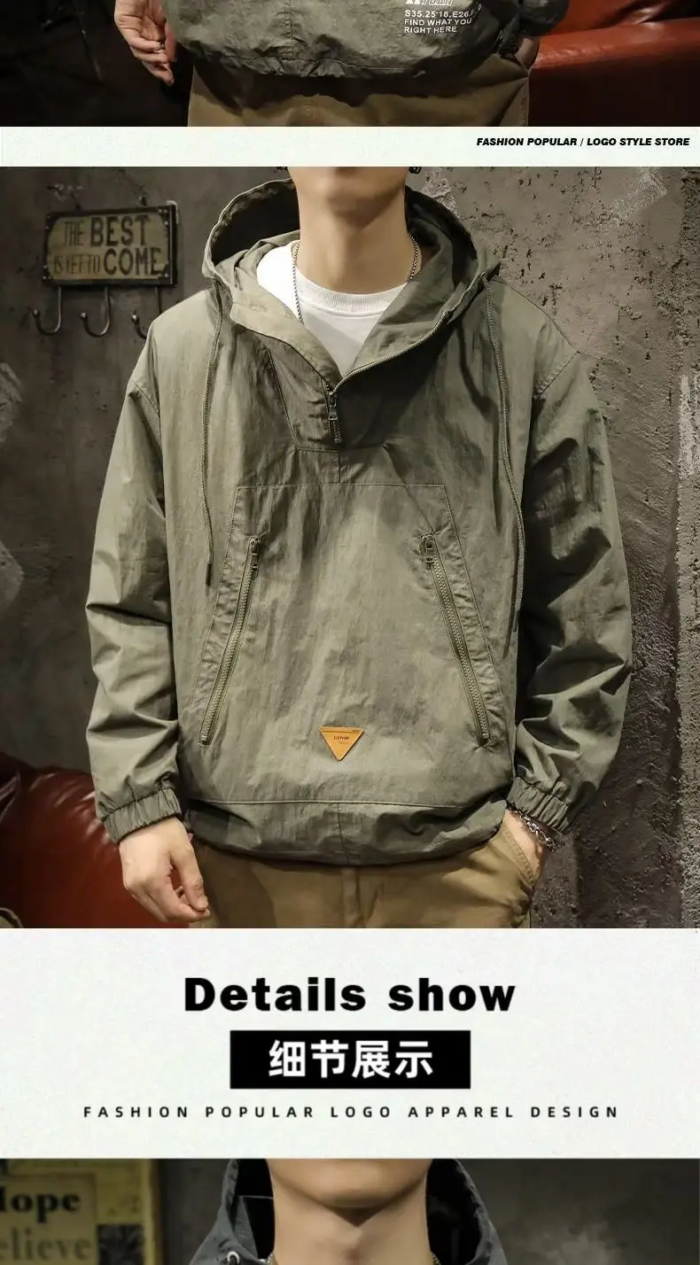 Big Size Zip-up Hoodie Men Jacket Sweatshirt Military Windbreaker Harajuku Hooded Pullover Vintage Long Sleeve Pockets Tops New