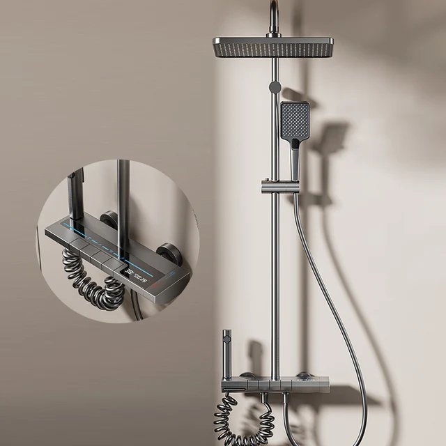 Space Aluminum Shower Set Gray Shower System Set Digital Display Piano Button With Ambient Light Bathroom Faucets Shower Head 1