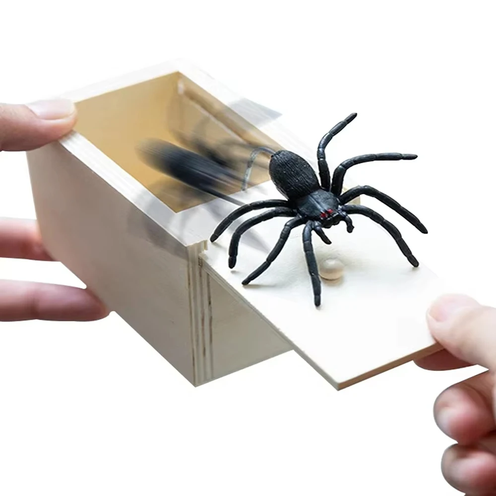 Caja de broma de araña divertida, caja de susto de madera de araña