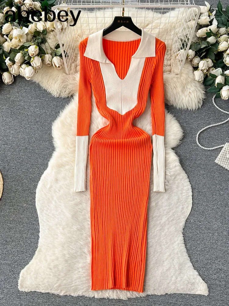 Women Korean Knitted Dress Long Sleeve Turn Down Collar Elastic Slim ...