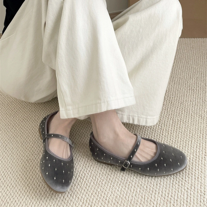 Rivet Decor Velvet Mary Janes Shoes Women Round Toe Elegant Ballet Flats Shoes Ladies Buckle Strap Spring Autumn Loafers New 6