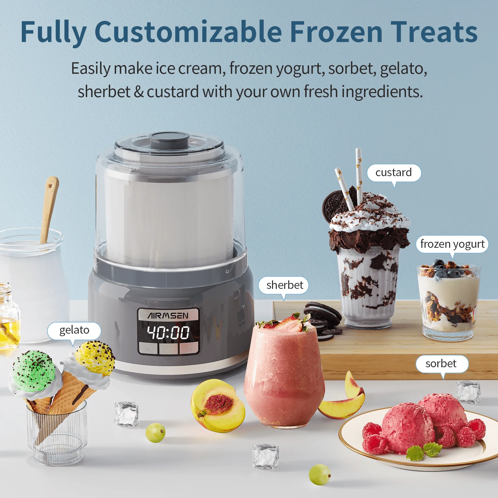 AIRMSEN 2.1 Qt Ice Cream Maker Machine with LED Screen and Timer, Electric Frozen Yogurt Maker for Home, Gray 2