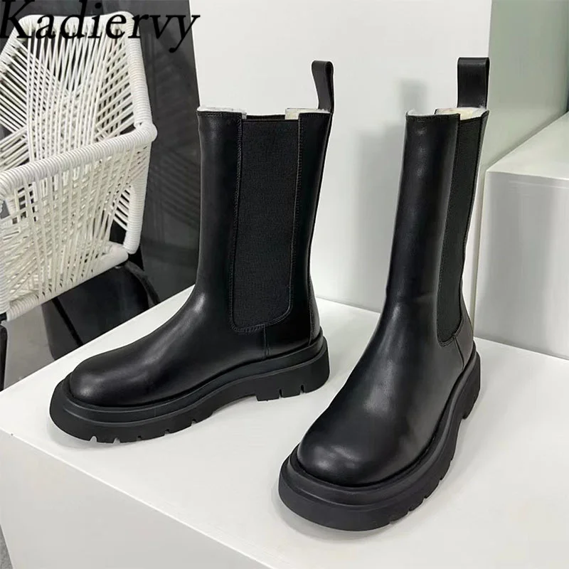 

Black Thick Sole Chelsea Boots Woman Genuine Leather Mid Calf Boots Wool Winter Shoes Women Flat Platform Motorcycle Boots Women