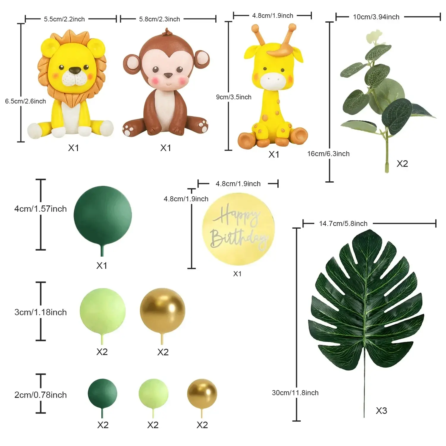 Dschungel-Safari-Tier-Kuchenaufsatz mit bunten Kugeln, Plam-Blätter, Kuchendekoration für Mädchen und Jungen, wildes Thema, Geburtstagsfeier, Baby – Detail 1