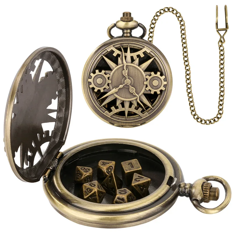 Boîtier de montre de poche Steampunk Hollow Gear Cover avec dés polyédriques en métal, pendentif FOB JOGaming, accessoire cadeau, ensemble de 7 pièces