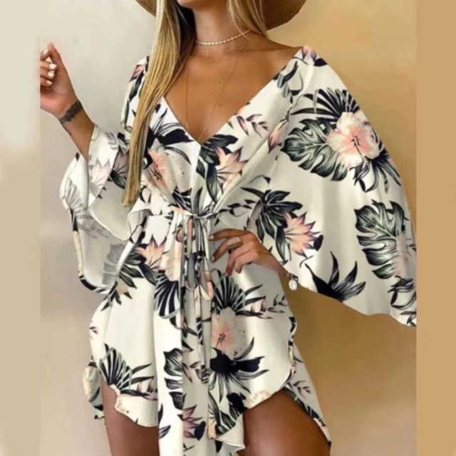 2022 New Summer Beach Elegant Women Dresses Sexy V Neck Lace-up Floral Print Mini Dress Casual Flared Sleeves Ladies Party Dress