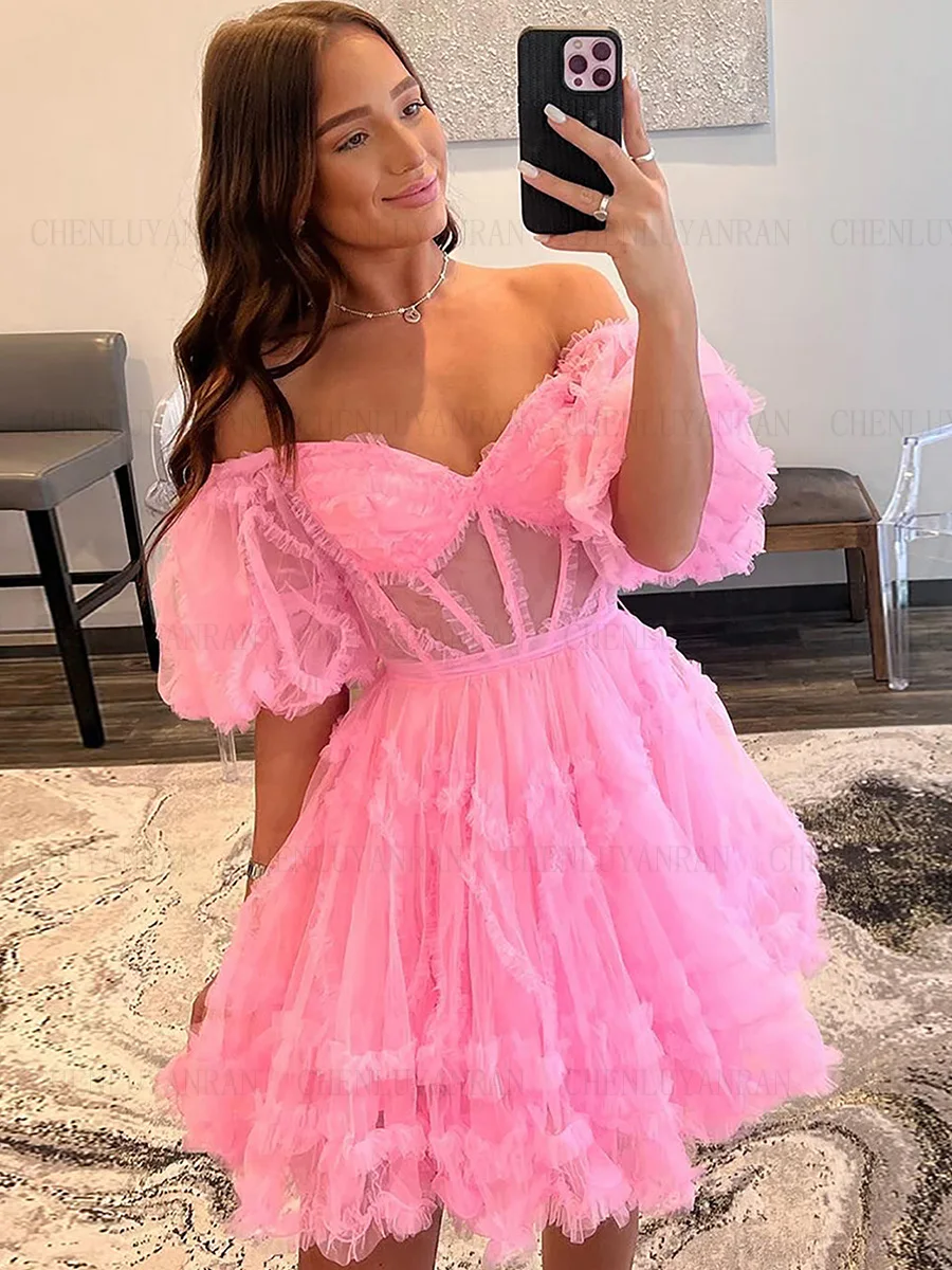 Pink Tulle Formal Occasion Dresses Puffy Sleeves Mini Homecoming Dress A-Line Sexy Evening Gowns فساتين مناسبة رسمية GDS98005