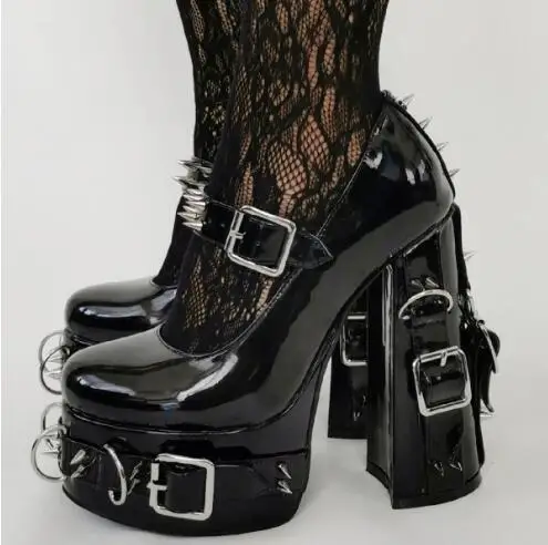 

Punk Style Black Patent Leather Round Toe Belt Buckles Rivet Spike Chunky Heels Pumps Women Shallow Lolita High Heel Shoes