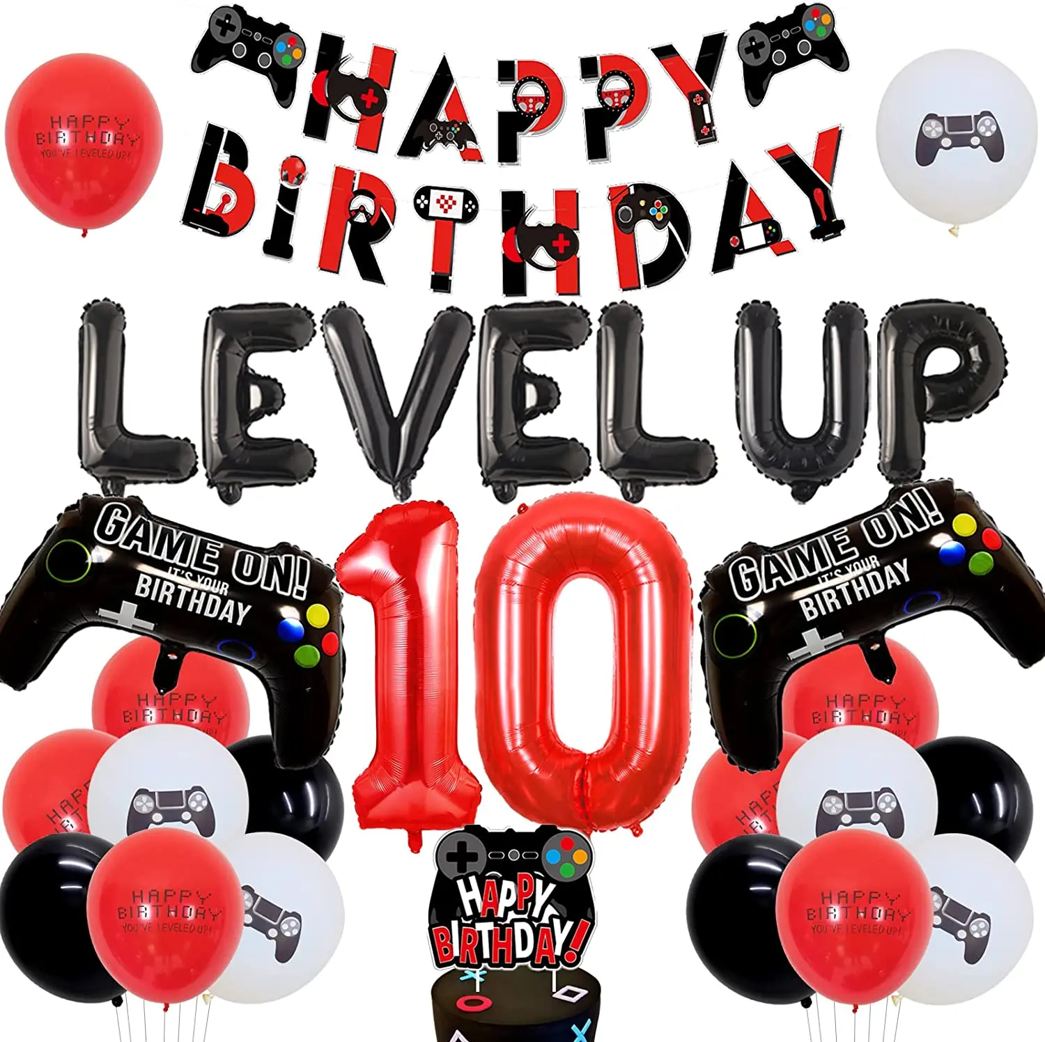 

Red and Black Video Game 10th Birthday Decorations for Boys Gaming Birthday Banner Level Up Foil Balloon for 10 Years Old Party