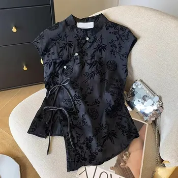 Retro Thin Shirt New Chinese Style Slanting Lapel Cheongsam Top 2025 Summer Black Jacquard Short Sleeve T-shirt Women's Clothing 1