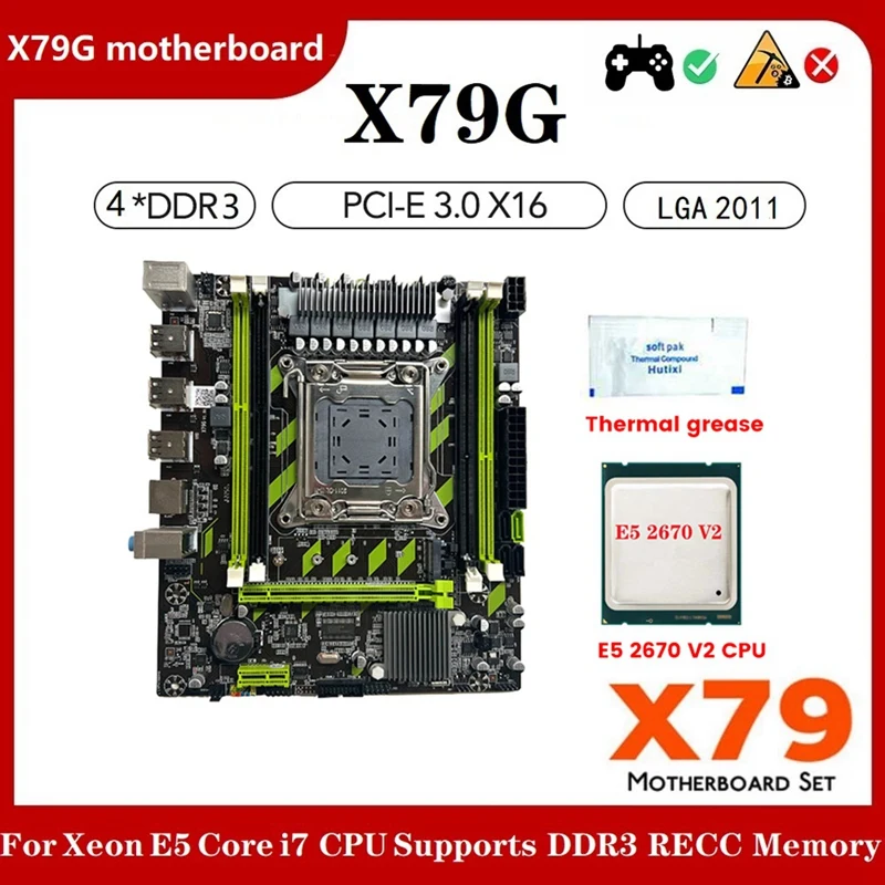 

Игровая материнская плата X79G для ПК + процессор E5 2670 V2 + термопаста LGA2011 4XDDR3 RECC, слот ОЗУ M.2 NVME PCIE X16 6XUSB2.0 SATA3.0