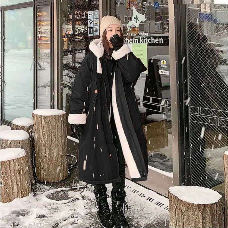 Lamb Wool Padded Female Korean Version Loose 2022 New Winter Long Plus Cashmere Parker Padded Clothing ins Tooling Female Coat X