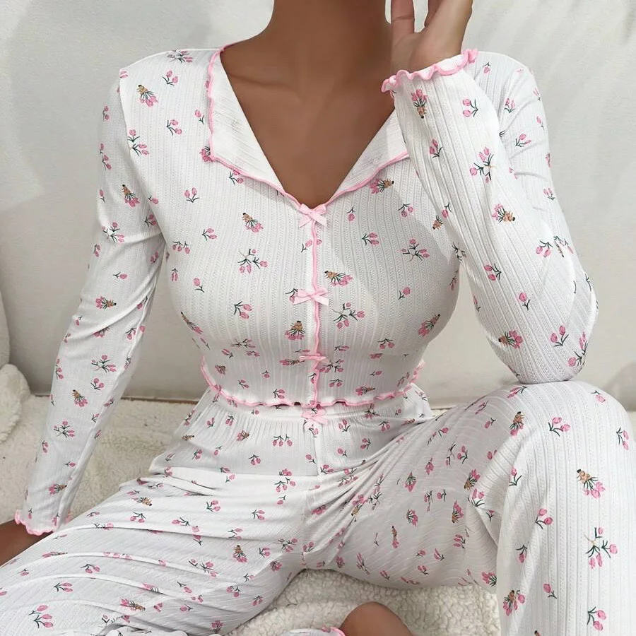 Women Floral Print Pajama Sets Long Sleeve Shirts+Pants Female Casual Home Clothes Spring Autumn Sleepwear Bow Nightwear Suits S7529c17b09924470b85b8fc9cefdde2ca