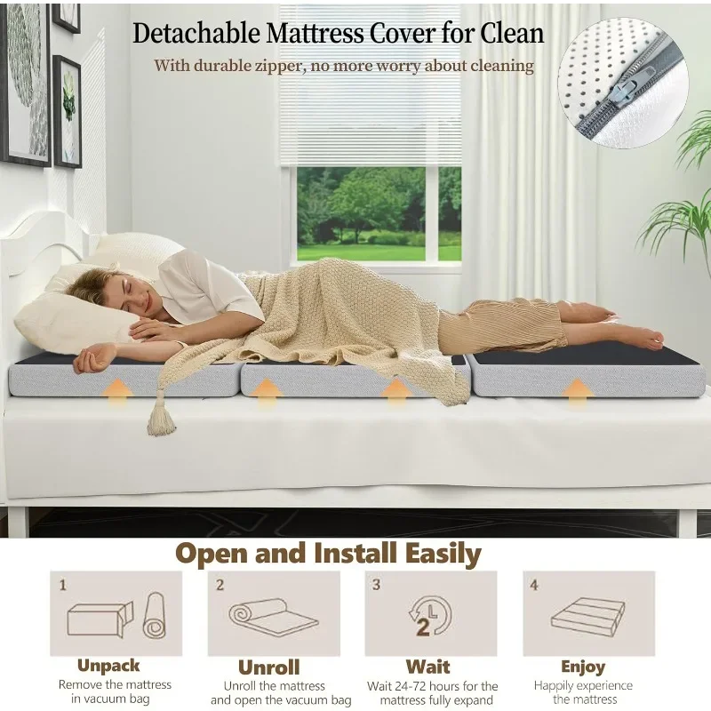 4 Inch Trifold Mattress,Twin Size Memory Foam Mattress, Folding Floor Bed Mattress Futon Mattress Portable Camping Mattress 5