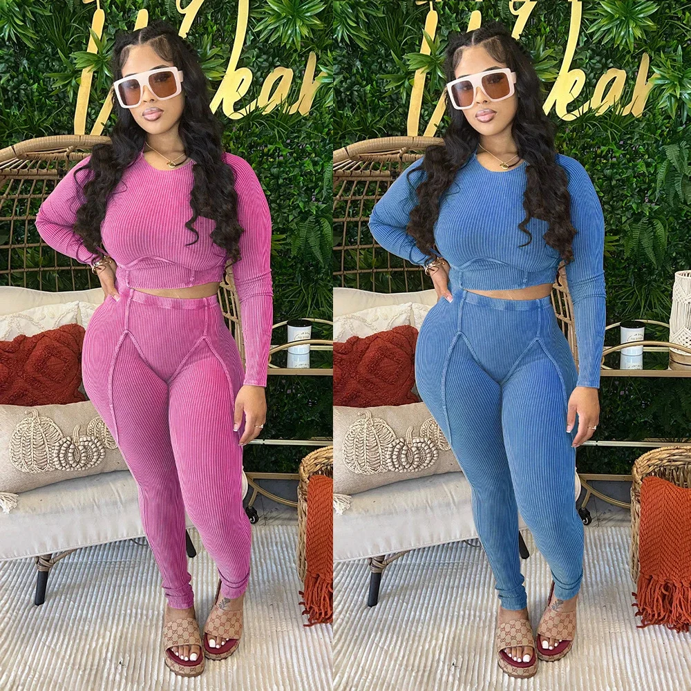 Fitness Ribbed Women Tracksuit Two Piece Set Elegant 2 Pieces Sets Outfit Sweatsuit 2023 Women Winter Fall Two Piece Pant Sets