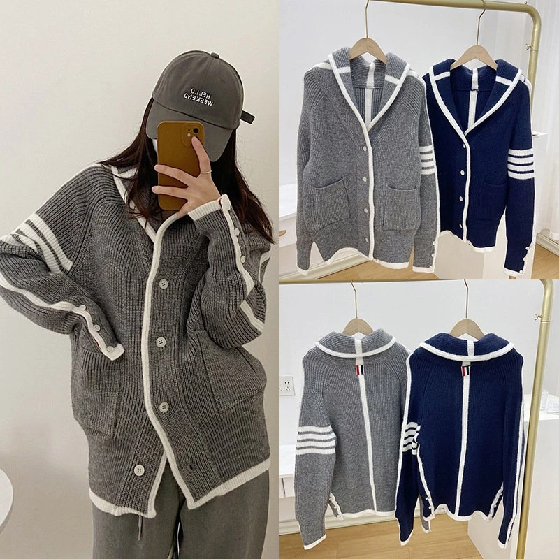 

2022TB Classic Four Bars Lapel Knit Cardigan Women's Fall/Winter Loose Lazy Style and Age-Reducing Sweater Jacket