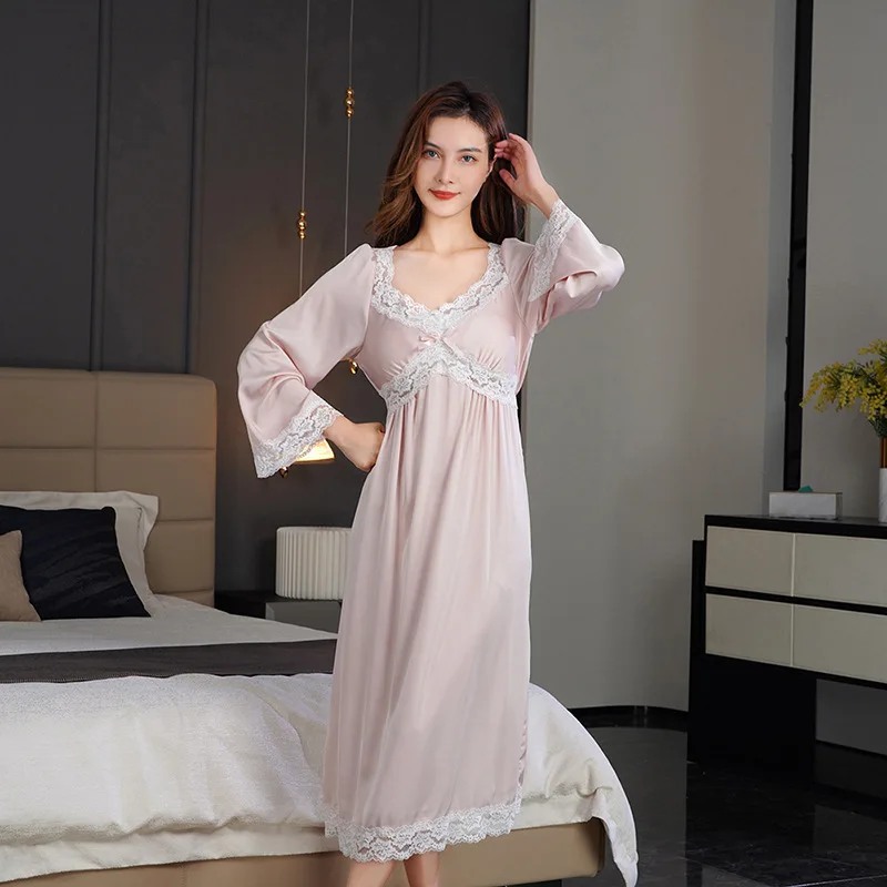 

Sexy Sleeping Dress Women Spring And Summer New Long Sleeve Sweet Girl Lace Hollow Ice Silk Long Dress Can Be Outworn For Home