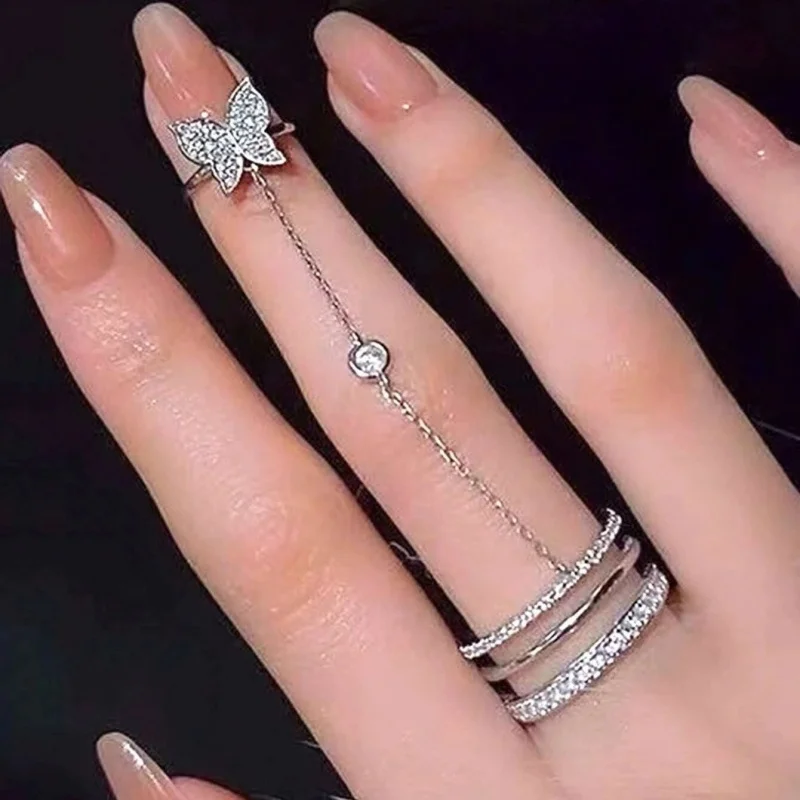 Trendy Double Finger Chain Rings for Women Ring Set Tassel Butterfly Cross Punk Rings Jewelry Ladies Fashion HipHop Jewelry