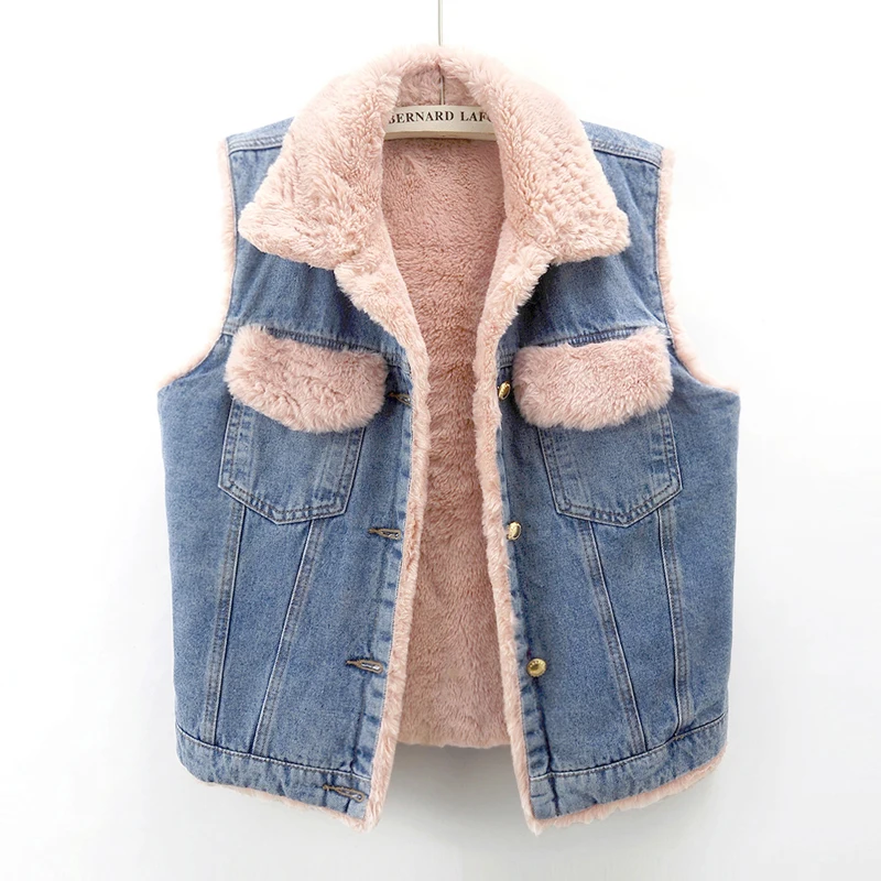 

Winter Thick Rabbit Hair Velvet Liner Splicing Denim Vest Women Loose Short Cowboy Waistcoat Pocket Sleeveless Jeans Vest Female