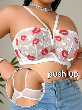 Plus Size Seductive Lips Print Lace Unpadded Underwire Bra for Women Full Coverage Push Up Demi Deep V Neck T-Shirt Bra 90D-105D