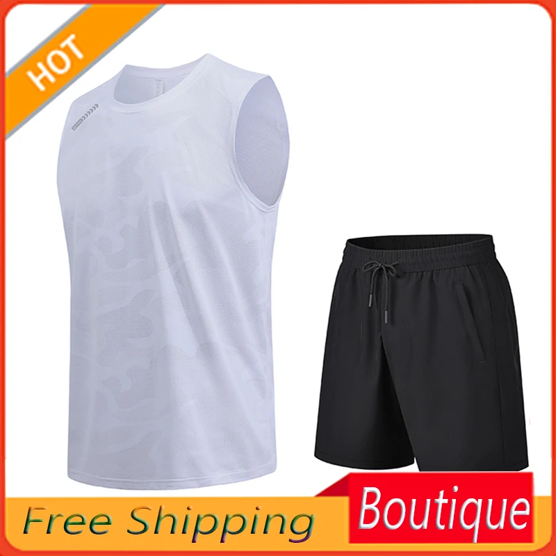 Leisure Sports Suit Men's Summer New Ice Silk Sleeveless Tank Top Shorts Basketball Wear Quick-Drying plus Size Two-Piece Suit free custom men s basketball uniform club quick drying boy shirt breathable sleeveless sports vest basketball team jersey set