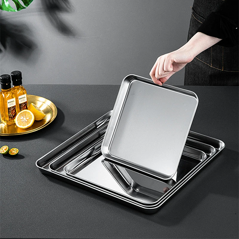 304 Flat Bottom Stainless Steel Square Tray Baking Pan Multifunctional Dessert Straight Edge Baking Tray Kitchen Storage Tools 4