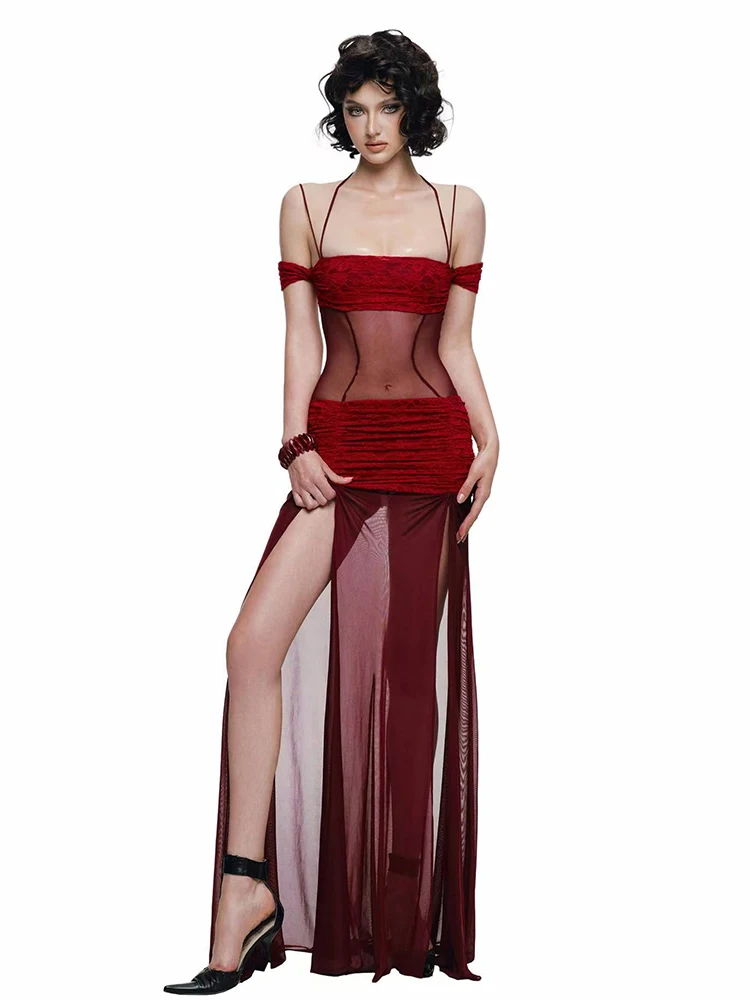 Nibber Fashion Dress WomenSlash Neck Halter Bandage Backless Patchwork Sleeveless Sexy See Through Slit Hem Prom Party Vestidos