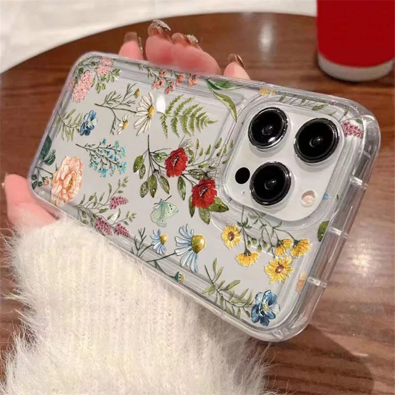 Clear Floral Design Phone Case - Shockproof Soft TPU Cover