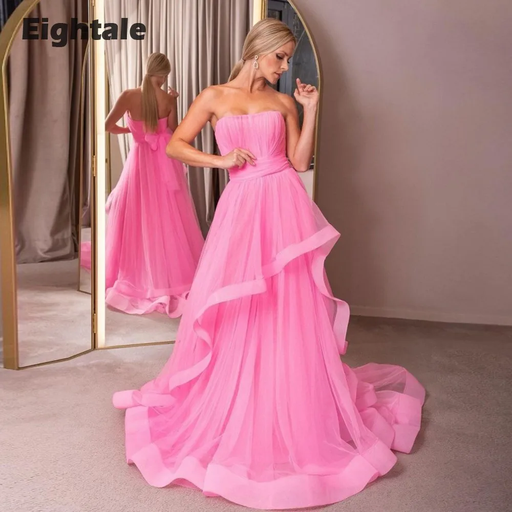 

Eightale Pink Prom Dresses Strapless Tulle Party Dress Tiered Custom Made Girl Evening Gown vestidos para graduación