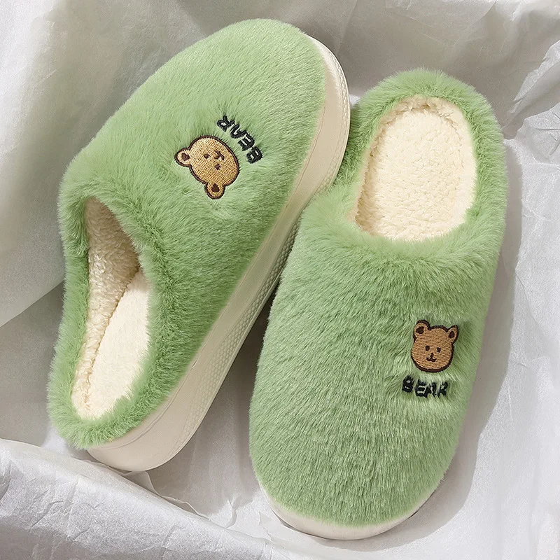 Couples Winter Home Slippers Women Shoes Cute Cartoon Bear Furry Shoes Men Warm Plush Slides Indoor Bedroom Non-Slip Floor Flats 4
