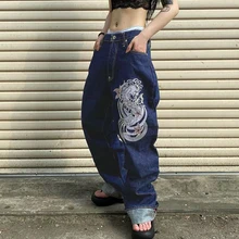 

WeiYao Dragon Print Vintage Baggy Denim Wide Leg Pants Women Hippie Streetwear Low Waist Casual Loose Mom Jeans 90s Outfits
