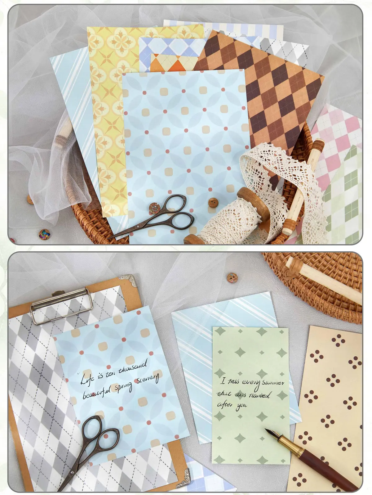 30 Stück doppelseitiges kariertes Deko-Scrapbook-Papier im Vintage-Stil, DIY-Junk-Journal-Collage-Fotoalbum, Retro-Hintergrundpapier – Detail 15