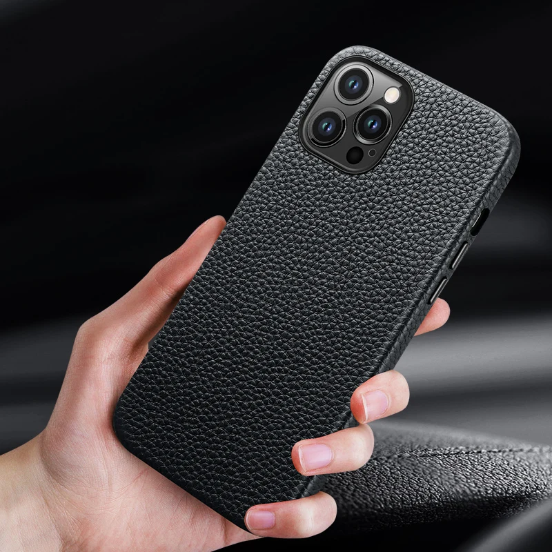 Luxury Litchi Pattern Genuine Leather Case for iPhone 15 Pro Max 11 12 13 Pro 14 Plus Shockproof Defender Protective Cover Funda