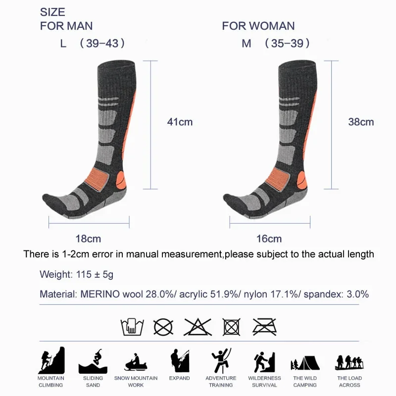 Merino Wool Ski Socks Winter Thermal Sports Snowboard Cycling Hiking Skiing Stockings Men Women Boot Sock 2 Pairs ski socks