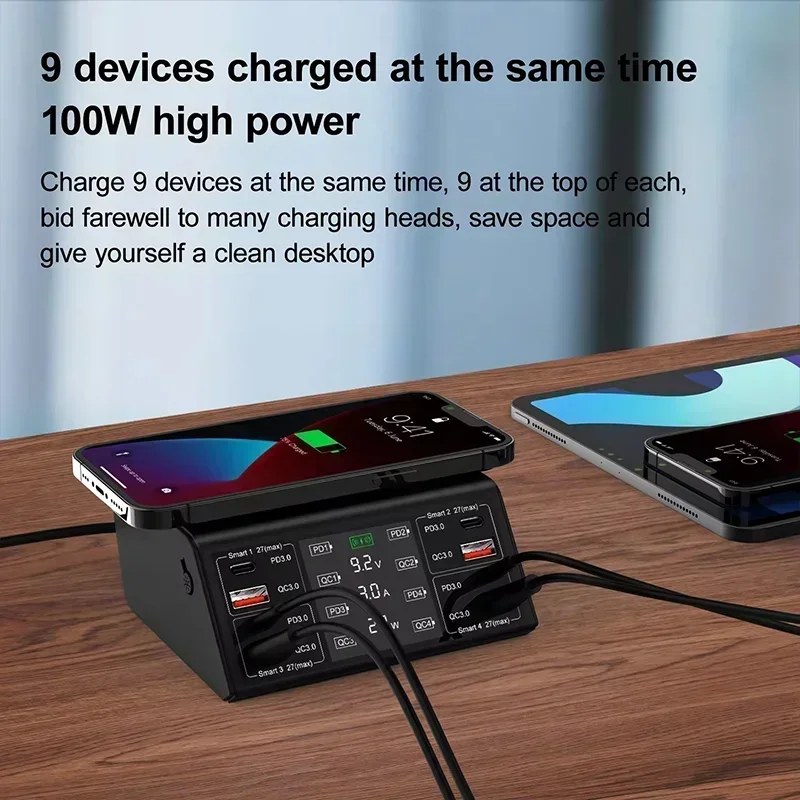 100W QC PD3.0 USB Charger Wireless Charger Quick Charge 8 Ports Multi Chargers Fast Charging Station For iPhone Samsung Xiaomi