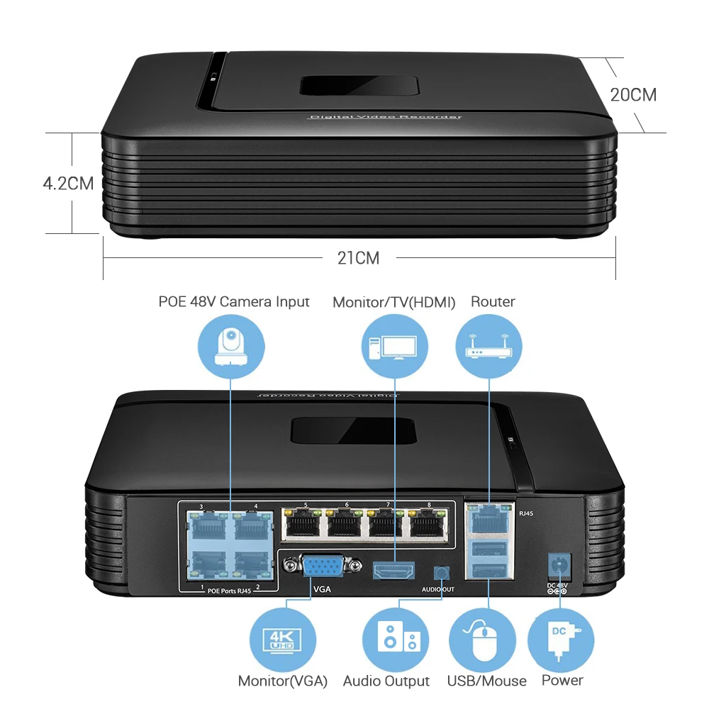 4k 8MP Ultra HD POE NVR 4CH/8CH IEEE802.3af 48V POE Video Recorder IP Security System Xmeye Remote Access Face Detection H.265 network video recorder