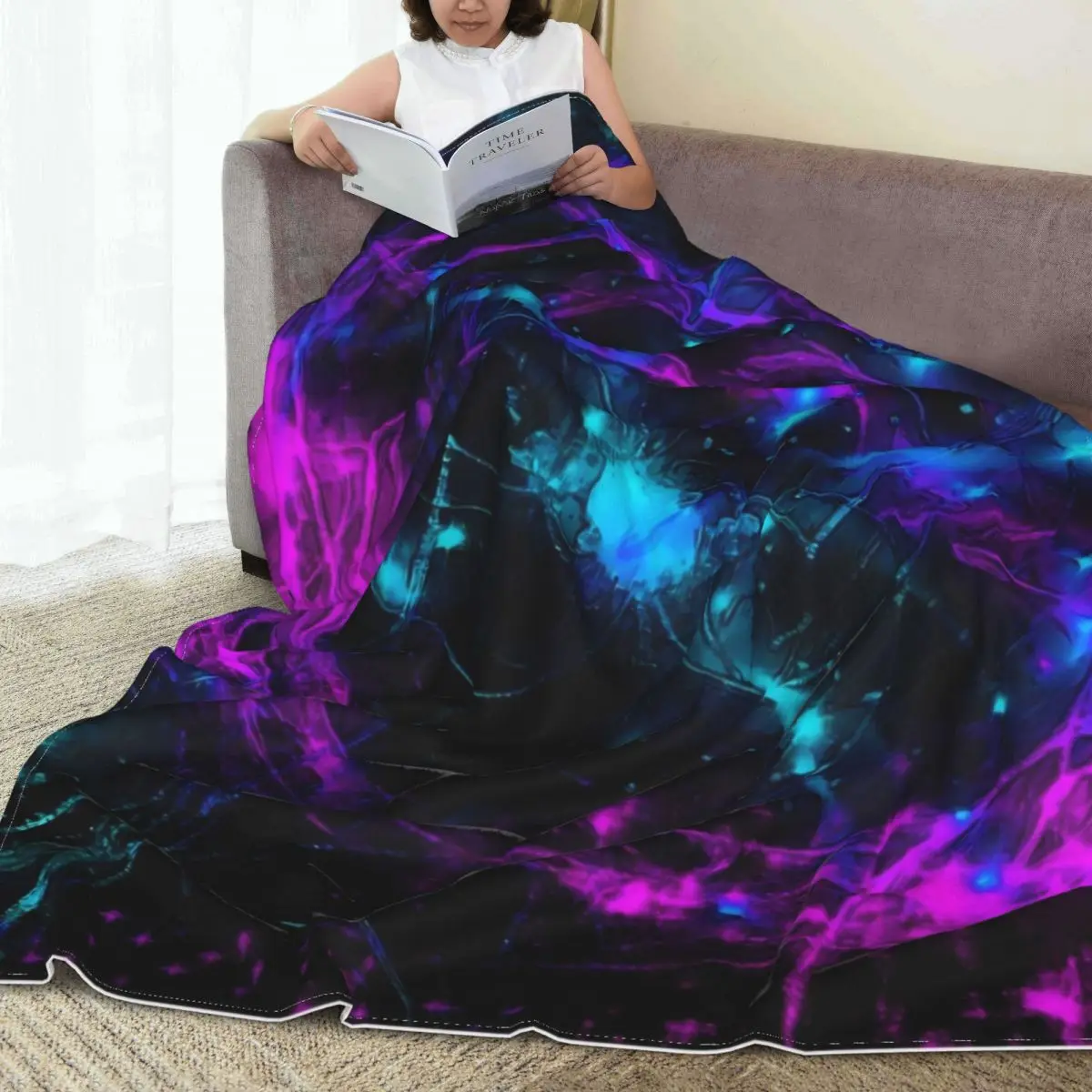 

Неоновое фланелевое одеяло с галактикой, качественное мягкое теплое фиолетовое и синее одеяло, Осеннее одеяло с рисунком для путешествий, гостиной