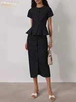 Clacive Summer Slim Print Skirts Set 2 Piece Woman 2025 Fashion Short Sleeve Shirt With High Waist Midi Skirt Set Streetwear