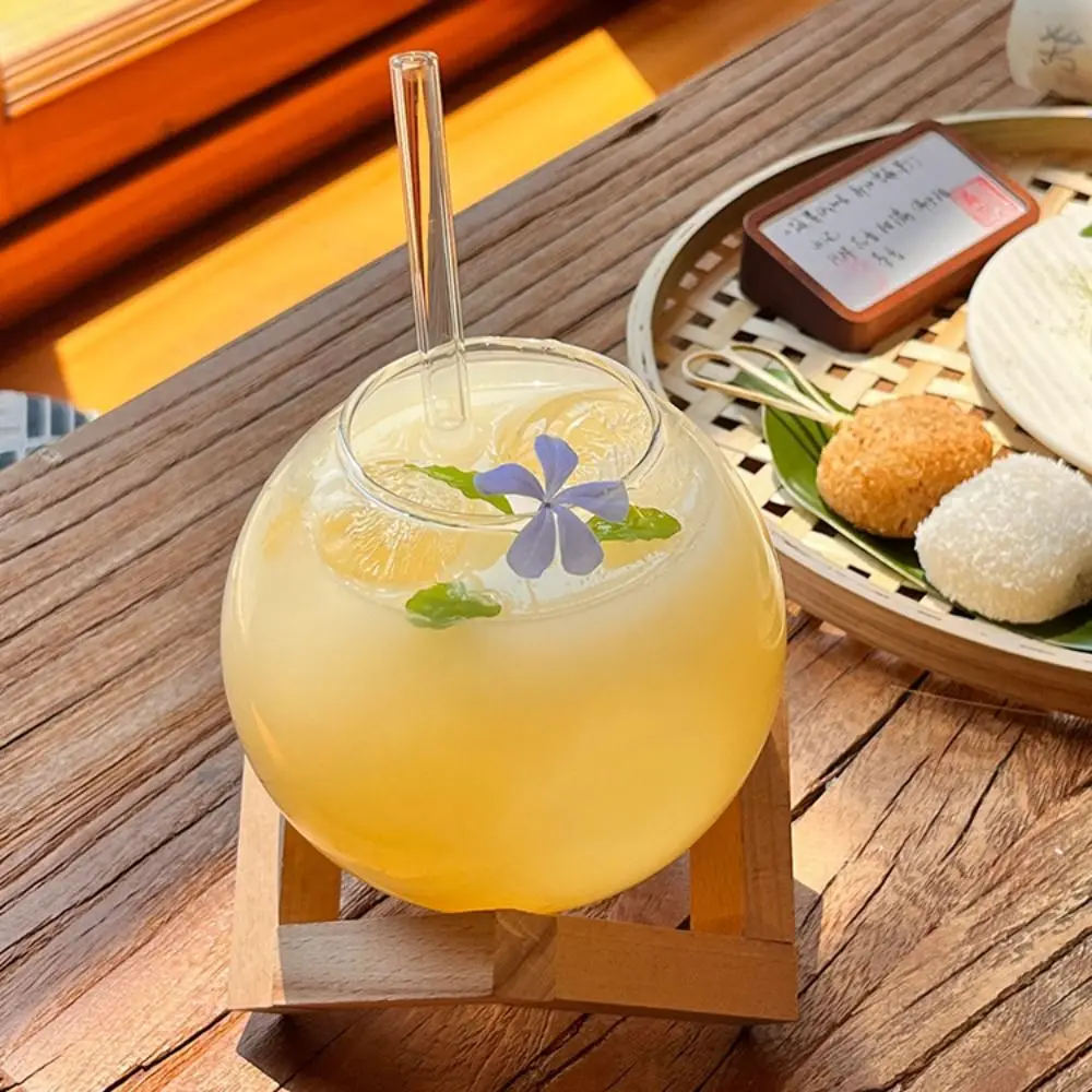 Description Picture 6 of itemMoon Ronud Ball Shaped Spherical Cocktail Glass Cup with Wood Stand with Straw Drink Cup Transparent Coffee Cups Beverage