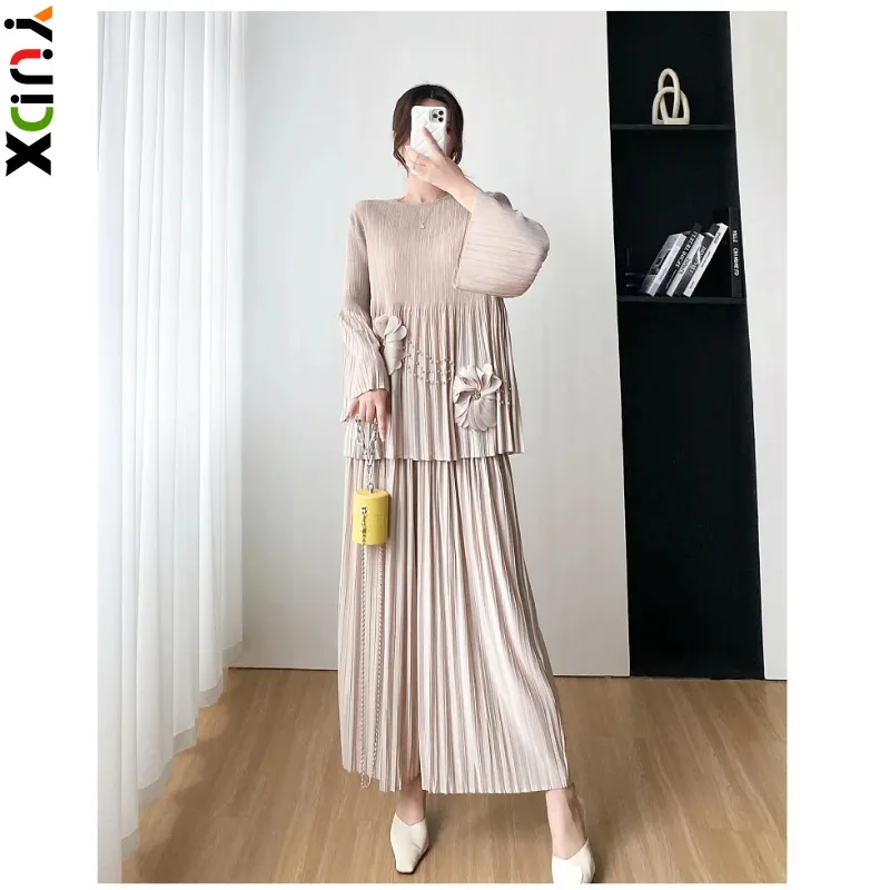 

YUDX Miyake Pleated 2 Pieces Set Women Beading Full Flare Sleeve Loose 3D Flowers Top + Wide Leg Trousers New 2024 Spring