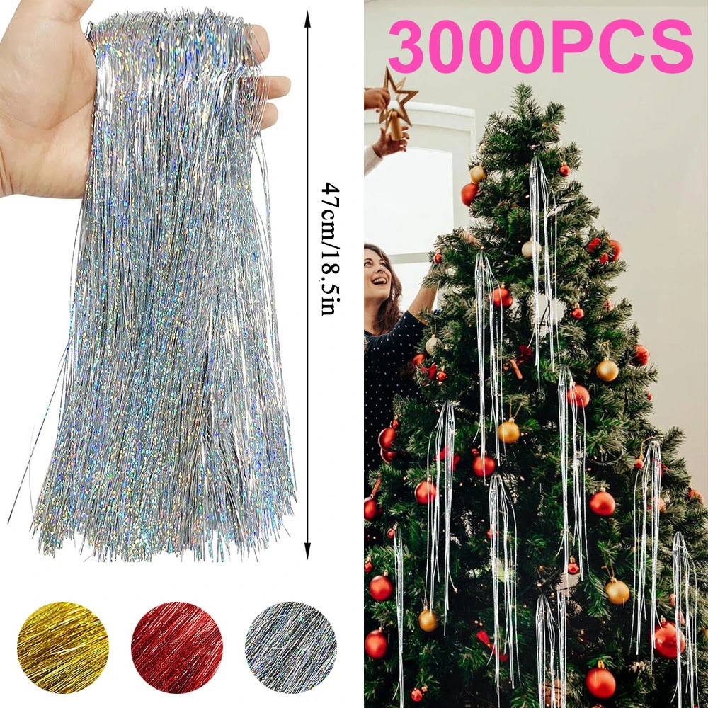 3000PCS Strands Icicles Iridescent Tinsel Foil Fringe Garland For Christmas Xmas Tree Decorations Party Supplies Holiday Decor christmas decorations