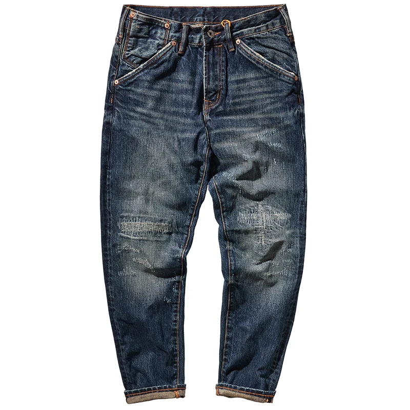 Autumn men's new retro red-eared denim high-end slim straight jeans heavy thick patch trousers