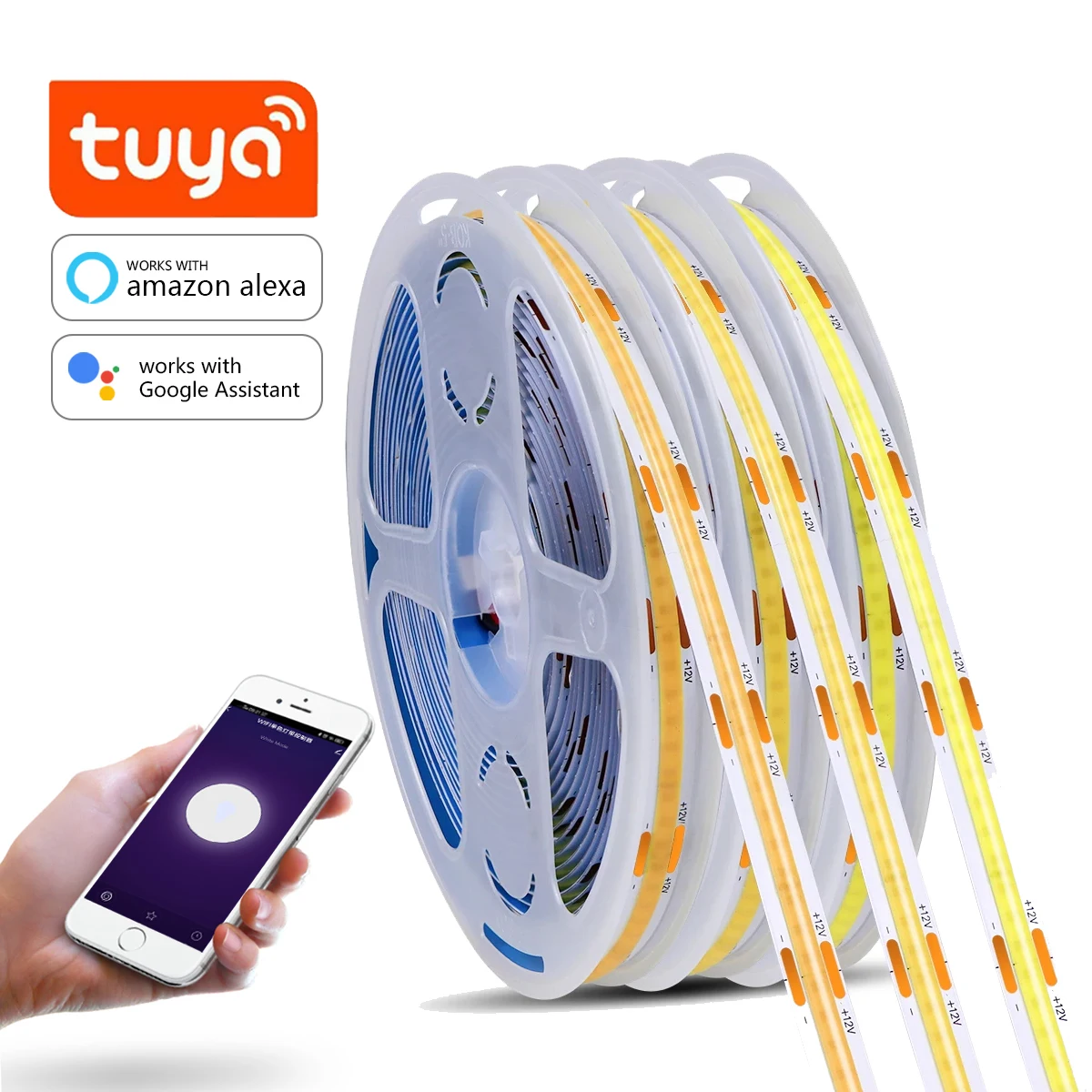Tuya Smart Home WiFi Luzes LED Strip, COB Lamp, Adesivo Backing, Iluminação Fita Flexível, Dimmer Room Decor, Smart Life, 12V