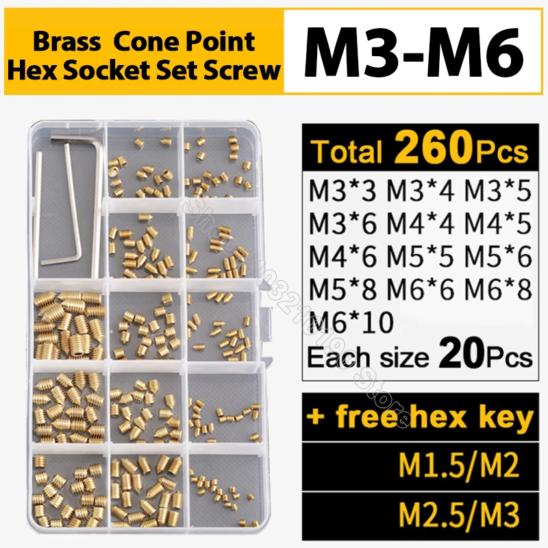 

260Pcs Brass Hex Hexagon Socket Set Screw Cone Point Grub Screw M3 M4 M5 M6 Copper Grub Allen Bolts Assortment Kit with Hex Key