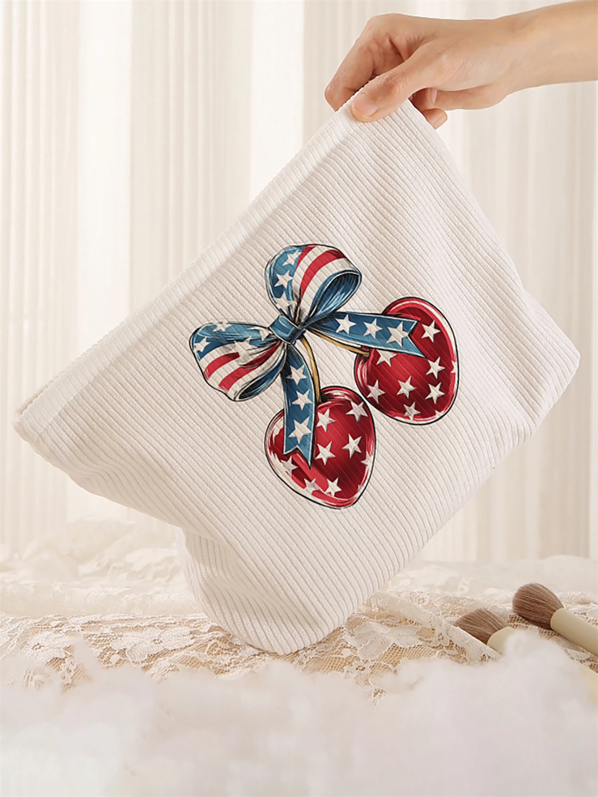 1 butterfly knot patterned corduroy makeup bag, lightweight zipper makeup storage box, multifunctional bag with lining
