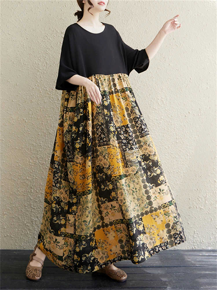 Summer Cotton Vintage Casual Loose Print Women Dresses Short Sleeve Patchwork Dress Femme Vestidos Office Lady Elegant Clothing