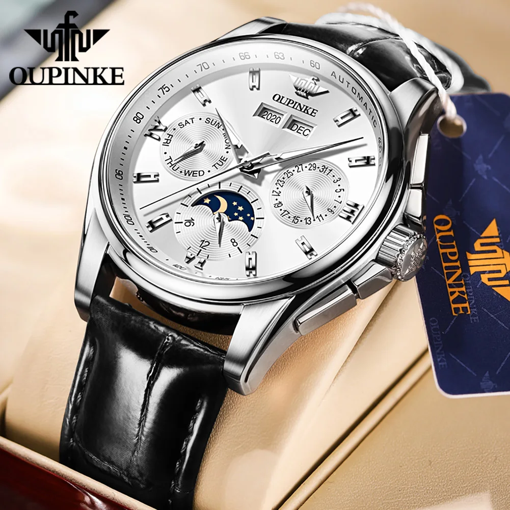 

OUPINKE Top Brand Luxury Automatic Mechanical Watch for Men Chronograph Moon Phase Wristwatch Waterproof Luminous Man Watch
