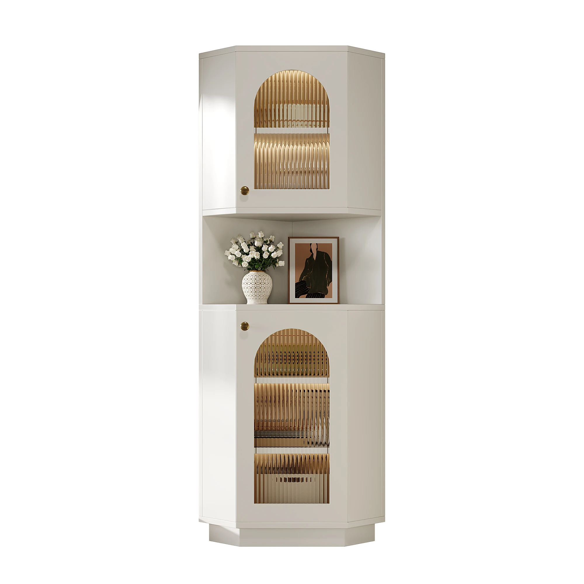 Badezimmerschrank mit Lichtleiste, Badezimmermöbel, Eckschrank mit zwei Ablagefächern, offenes Fach mit – Detail 11